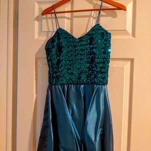 Teal Sequence Top, Satin Bottom Short Mini Dress